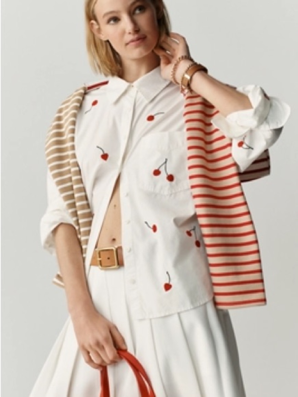 White Cherry-Embroidered Button-Up Shirt - Women's Top